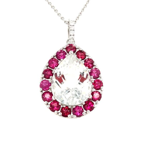 14K White Topaz, Diamond, and Rubelite Pendant