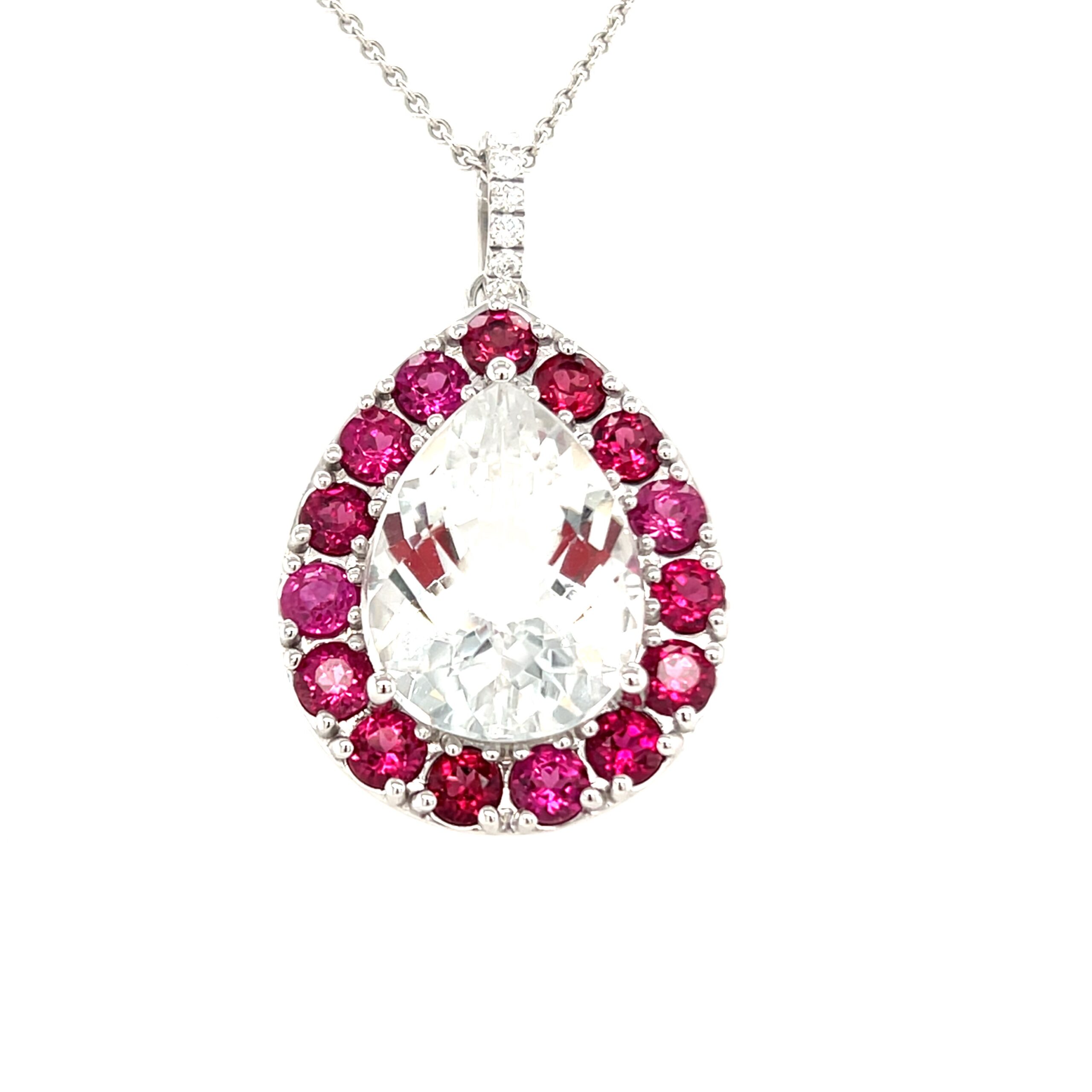 14K White Topaz, Diamond, and Rubelite Pendant