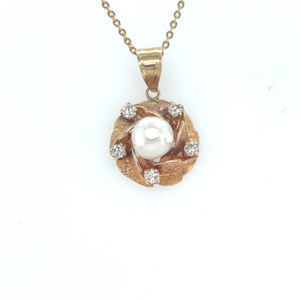 14K Yellow Gold Diamond Cultured Pearl Pendant