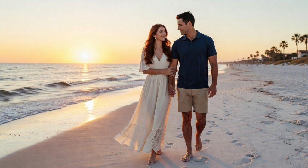 Ultra-realistic 8K photograph of a young couple walking hand in hand along Naples Florida beach at sunset with the woman wearing an elegant engagement ring, soft golden light, gentle waves in background