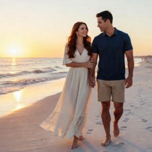 Ultra-realistic 8K photograph of a young couple walking hand in hand along Naples Florida beach at sunset with the woman wearing an elegant engagement ring, soft golden light, gentle waves in background