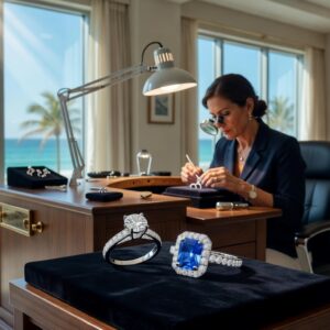 Ultra-realistic 8K photograph of a luxurious jewelry studio interior in Naples Florida with natural sunlight streaming through large windows overlooking the ocean, displaying custom engagement ring designs on black velvet, professional jeweler working at a workbench, high detail, cinematic lighting
