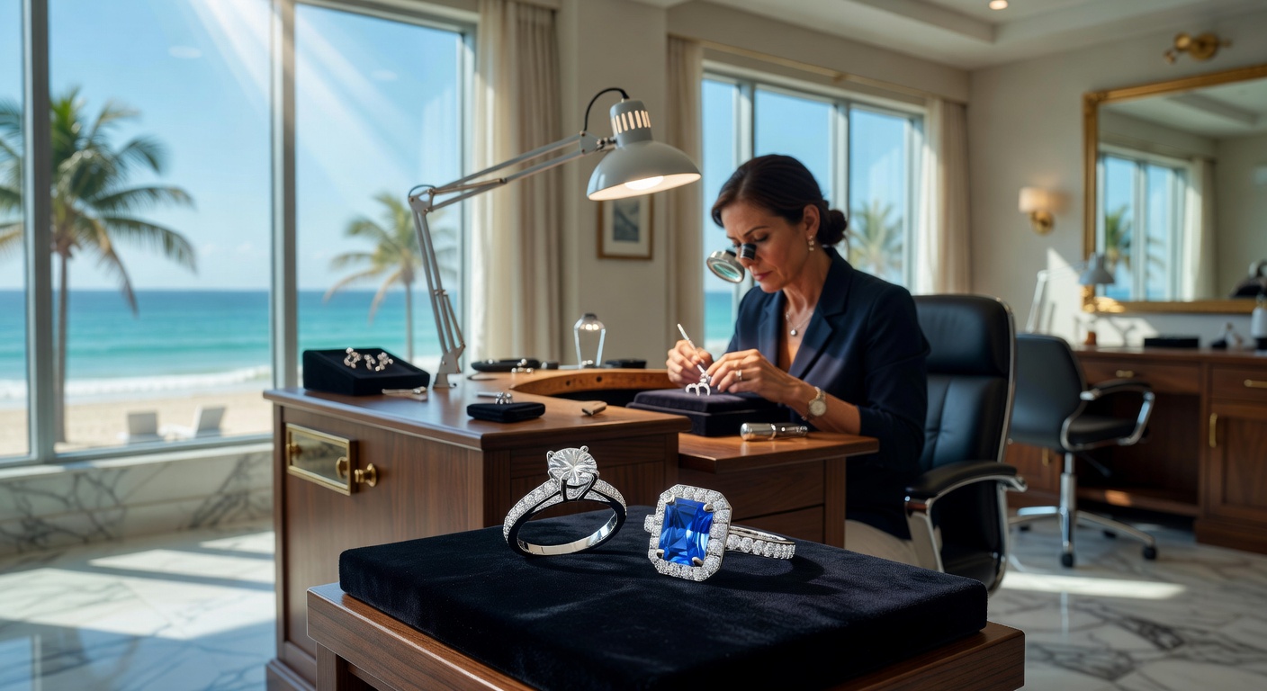 Ultra-realistic 8K photograph of a luxurious jewelry studio interior in Naples Florida with natural sunlight streaming through large windows overlooking the ocean, displaying custom engagement ring designs on black velvet, professional jeweler working at a workbench, high detail, cinematic lighting