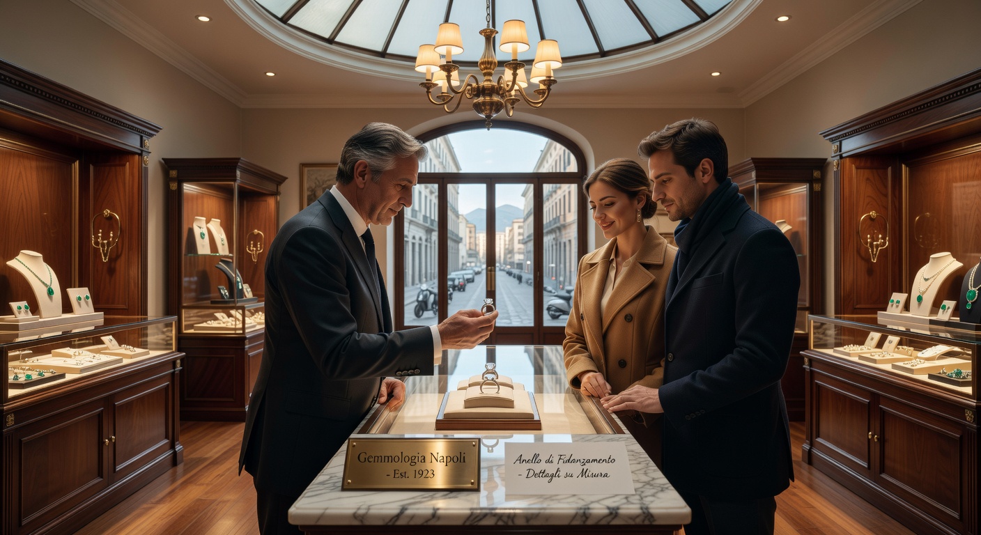 Jeweler in Naples boutique carefully explaining ring details to a young couple, warm lighting, elegant store interior, authentic atmosphere