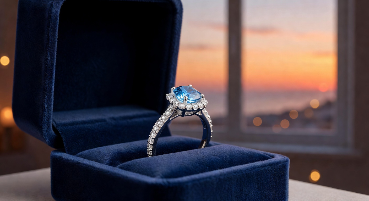 Elegant ultra-realistic 8K image of a finished custom engagement ring with a central aquamarine surrounded by diamonds, displayed on a velvet ring box with subtle Naples sunset visible through a window in the background