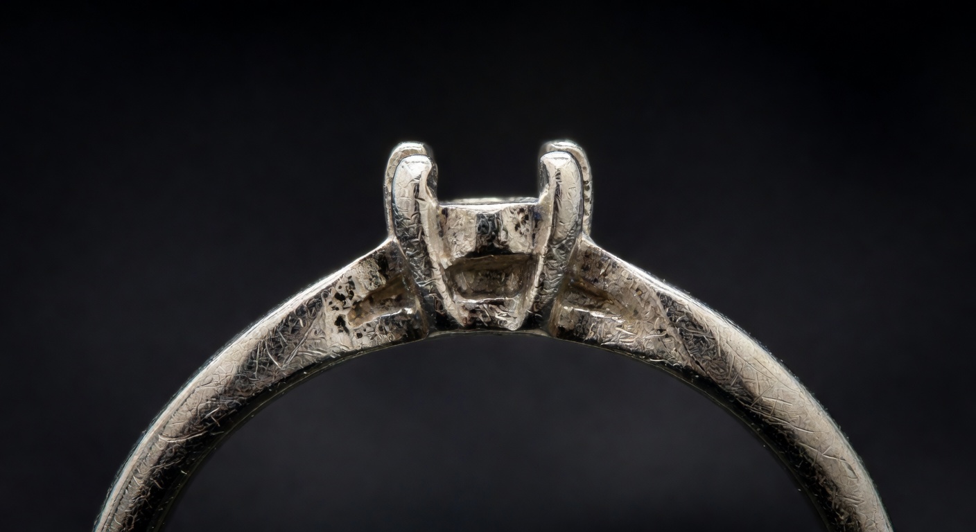Macro photograph of ring prongs and setting showing realistic wear after two years of daily Florida wear, educational style