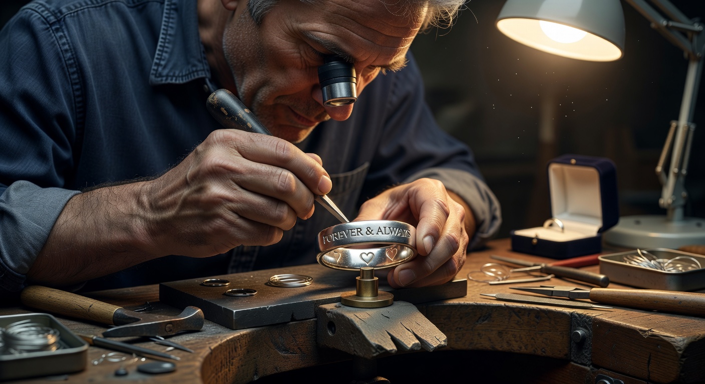 Ultra-realistic 8K photograph of a jeweler hand-engraving a meaningful message inside a custom platinum band using traditional tools, extreme detail on the engraving process and metal texture