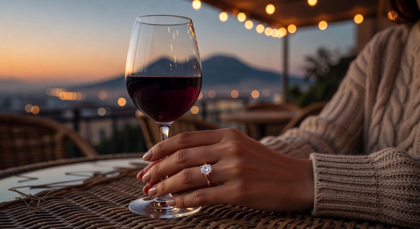Stunning rose gold engagement ring with oval diamond on a woman's finger as she holds a glass of wine on a Naples rooftop terrace at twilight