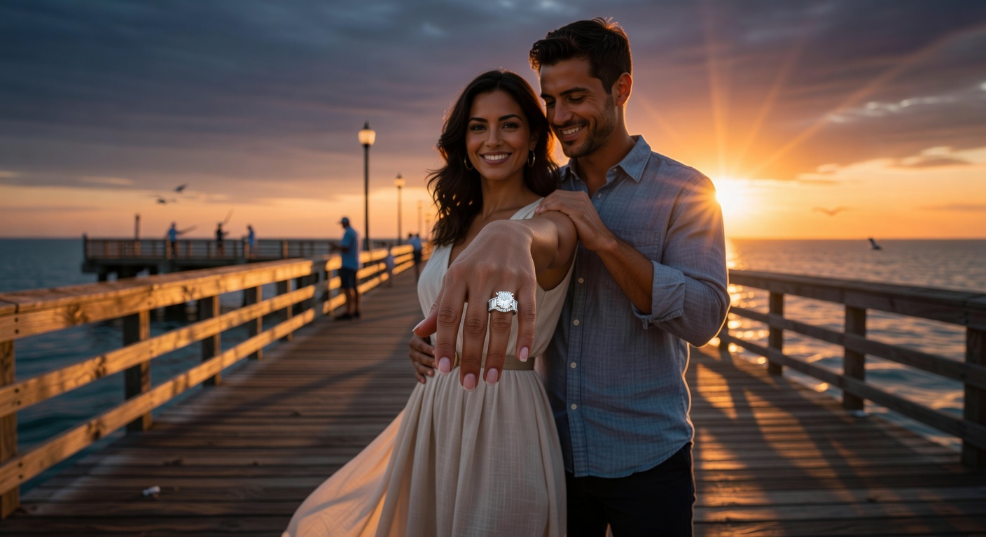 Cinematic ultra-realistic 8K image of a couple walking along Naples Pier at sunset, the woman showing her new custom engagement ring to the camera, golden hour lighting, romantic atmosphere