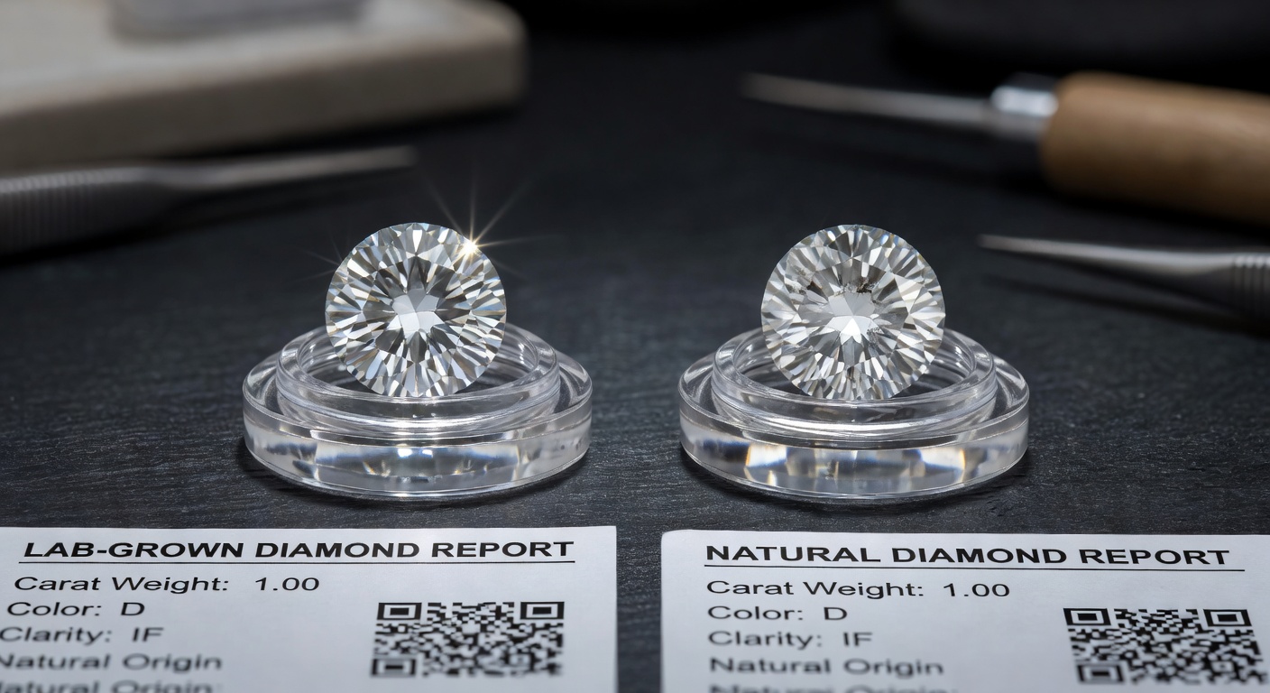 Ultra-detailed 8K macro photograph comparing lab-grown versus natural diamond under magnification, side by side with certification papers, educational jewelry image