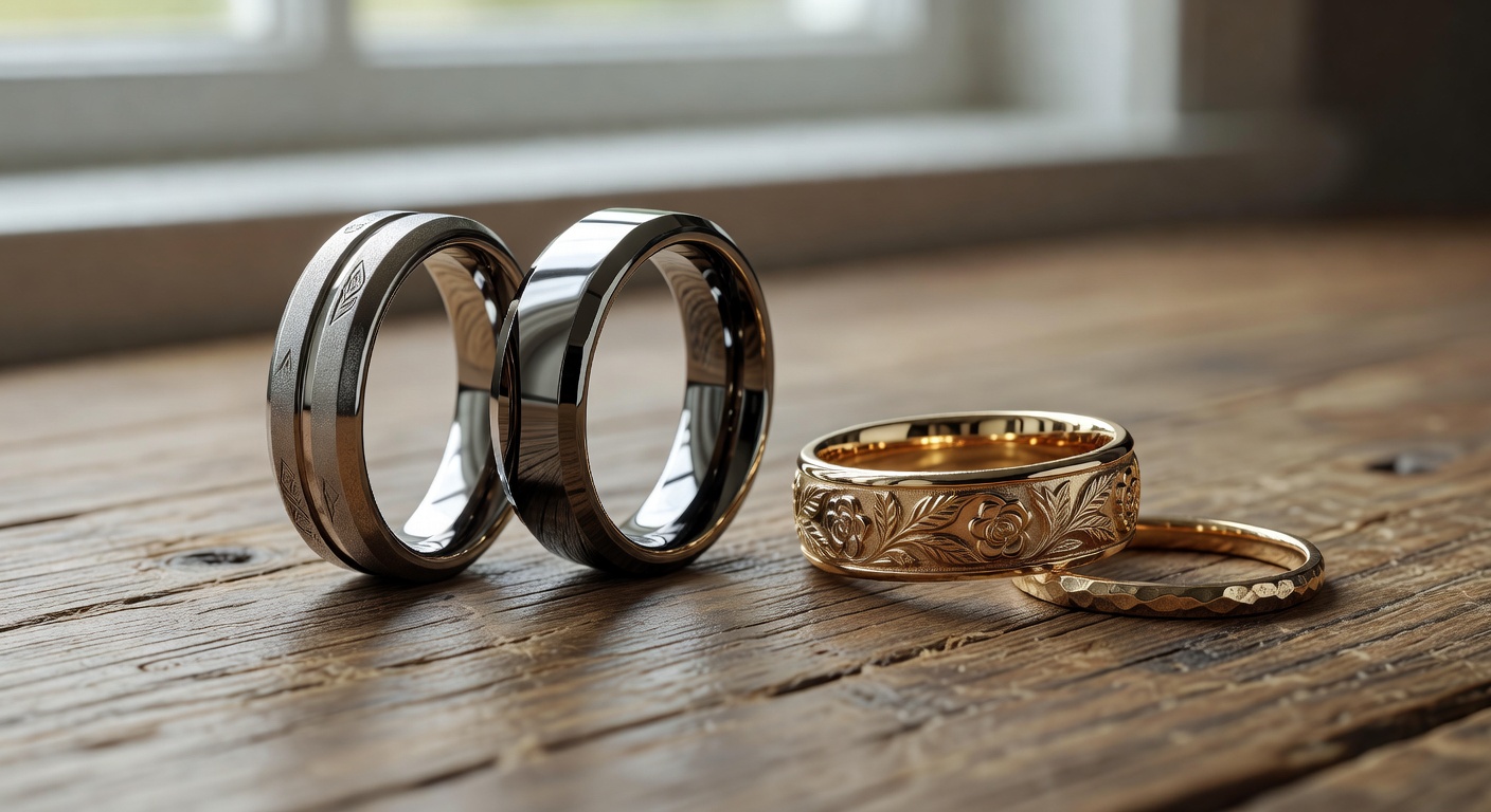 Ultra detailed 8K image of titanium and tungsten alternative metal wedding bands next to traditional gold rings, modern masculine and feminine styles