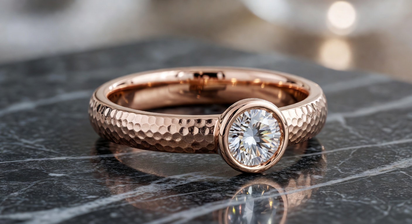 Ultra-realistic 8K macro photograph of a custom hammered texture rose gold engagement ring with bezel set diamond, showing exquisite craftsmanship and surface details with perfect bokeh background