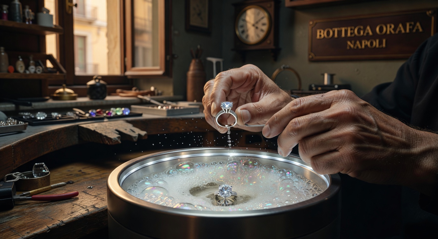 Professional jewelry cleaning process showing ultrasonic cleaner with engagement ring inside, realistic workshop setting in Naples jewelry store