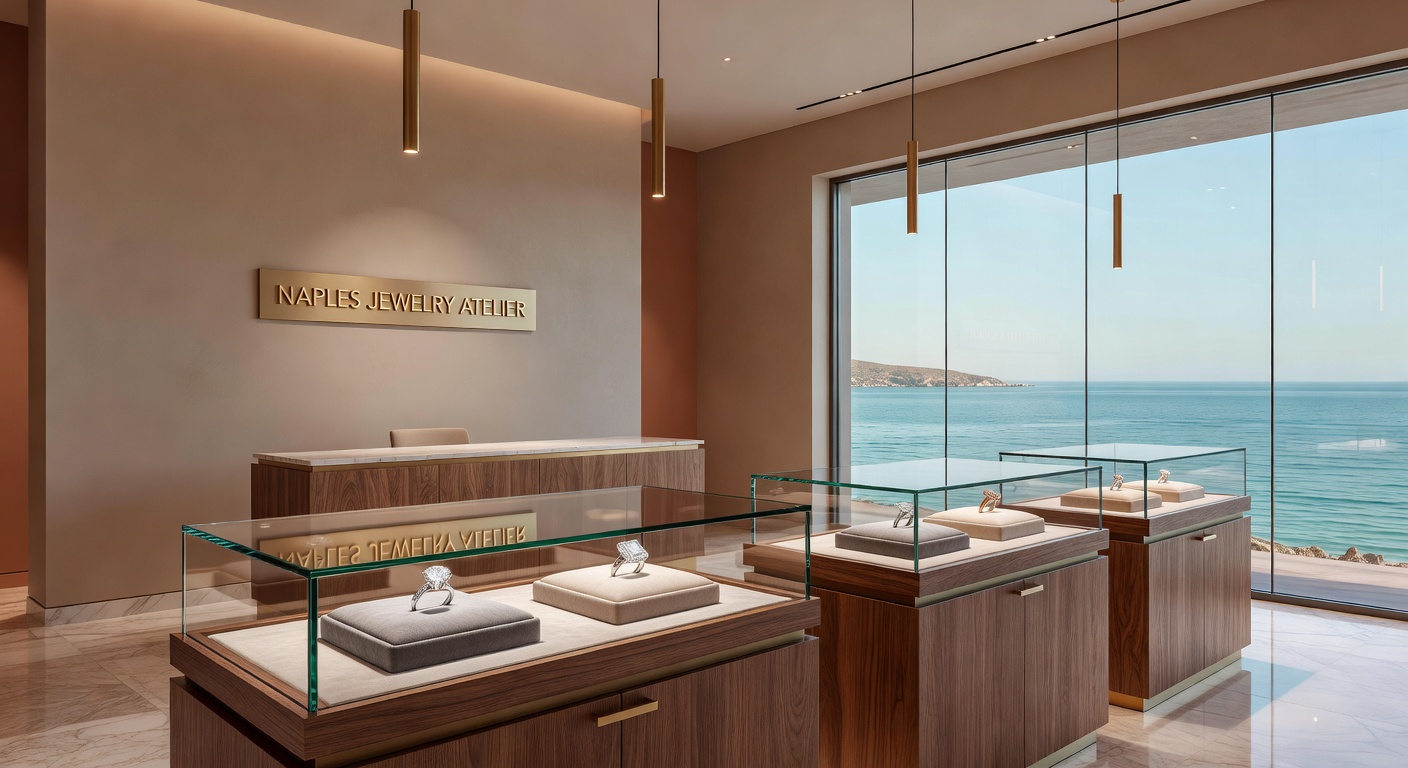 Ultra-realistic 8K image of a modern Naples jewelry showroom interior featuring elegant display cases with custom engagement rings, sophisticated neutral color palette, architectural details and ocean view