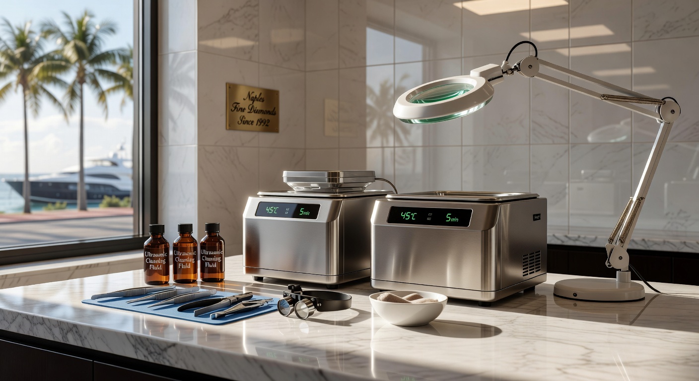 Realistic 8K image of a diamond ring cleaning station at a high-end Naples jeweler, ultrasonic cleaners and professional tools arranged neatly, clean clinical aesthetic