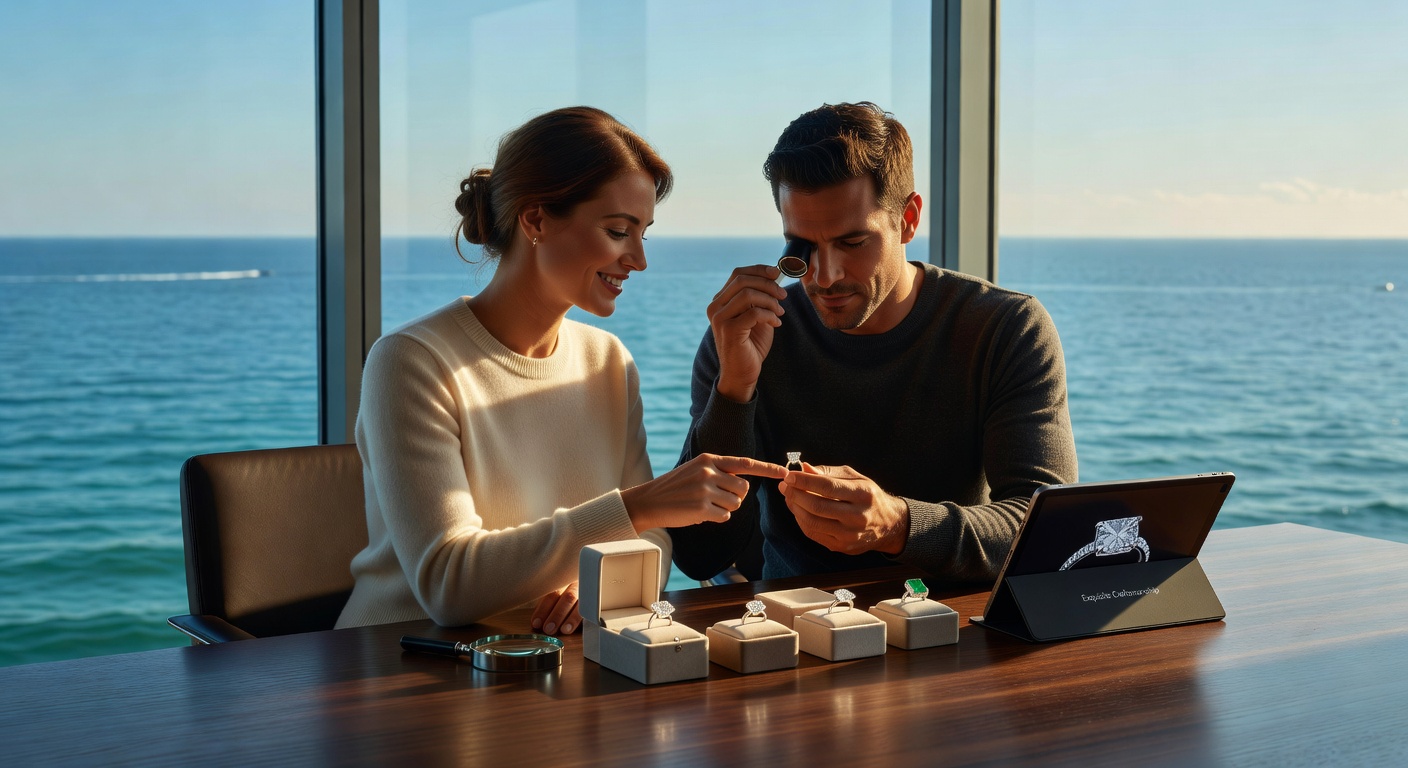 Couple sitting together reviewing different engagement ring options at a table with the Gulf of Mexico visible through large windows behind them