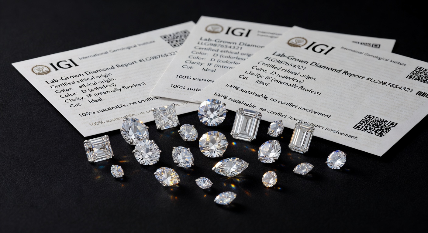 Ultra-realistic 8K photograph of lab-grown diamonds of various sizes and shapes arranged on black background with certification documents, highlighting ethical sourcing aspect for custom ring design