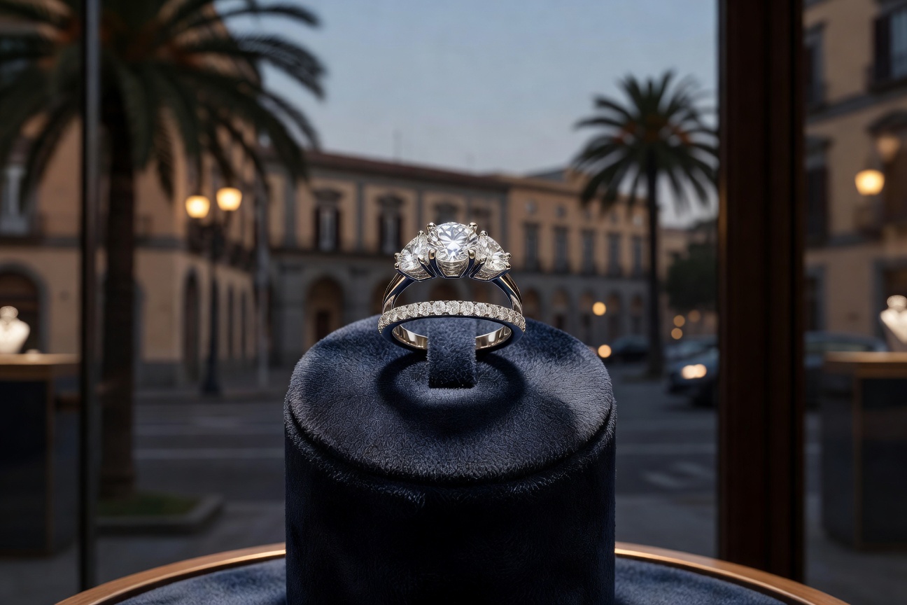 Elegant three-stone engagement ring with matching wedding band displayed on dark velvet in luxury Naples jewelry store window, evening lighting