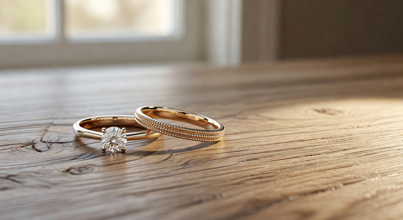 Ultra-realistic 8K image of a wedding band and engagement ring set designed to perfectly complement each other, curved design with matching milgrain details, shown on a wooden surface with soft natural light