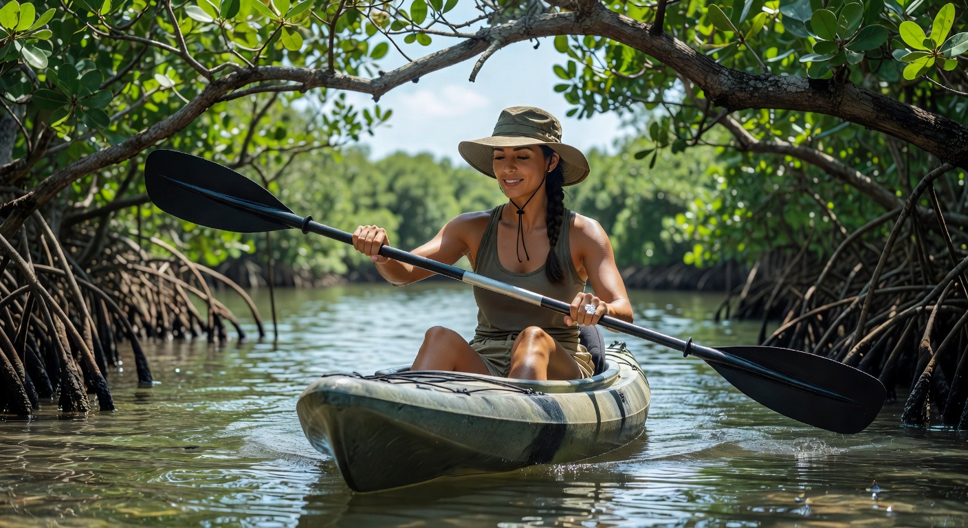 Realistic lifestyle image of a woman kayaking in Florida mangroves while wearing a low-profile durable engagement ring, bright natural light