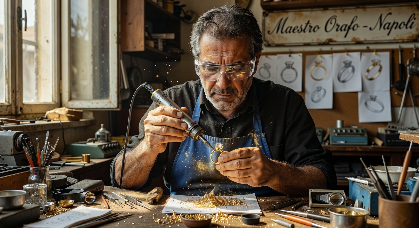 Behind-the-scenes ultra-realistic 8K photograph of a master jeweler in Naples using a flex shaft tool to polish a custom engagement ring, wearing protective eyewear, focused concentration, workshop environment