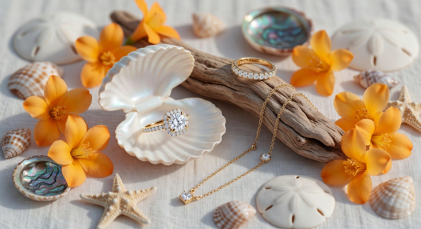 Beautiful overhead flat lay of engagement ring, wedding band, and delicate gold necklace arranged with fresh orange blossoms and Florida coastal elements, soft natural light