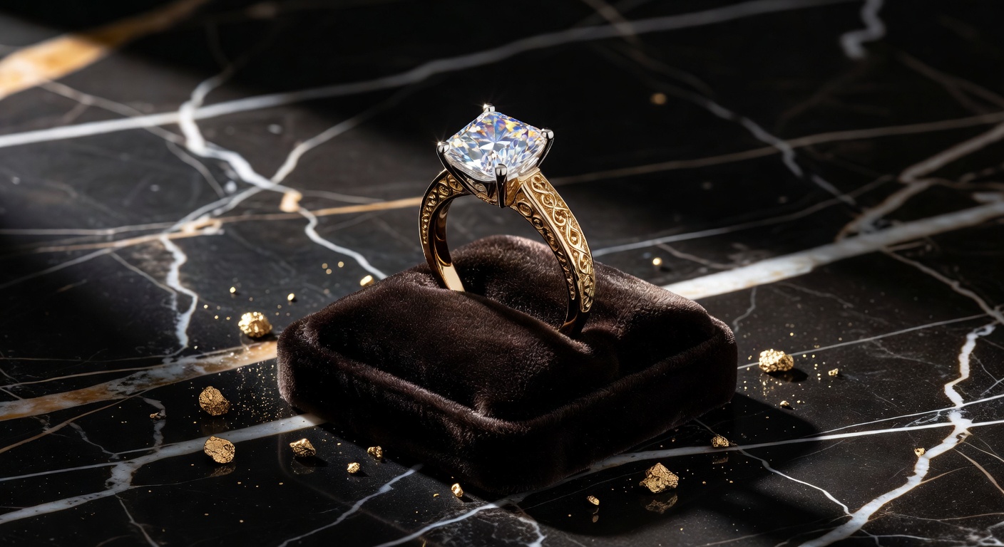 Ultra-realistic 8K final product photograph of an exquisite custom engagement ring featuring a 2.5 carat radiant cut diamond with intricate filigree shoulders in 18k yellow gold, displayed on a black marble surface with dramatic side lighting creating beautiful reflections