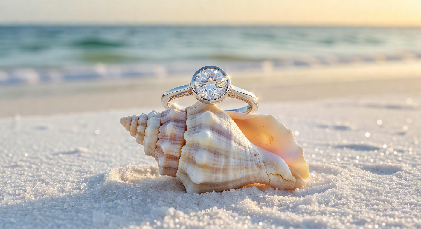 Close-up macro shot of a platinum bezel set engagement ring with round brilliant diamond resting on a seashell on white sand in bright Florida sunlight, ultra detailed texture
