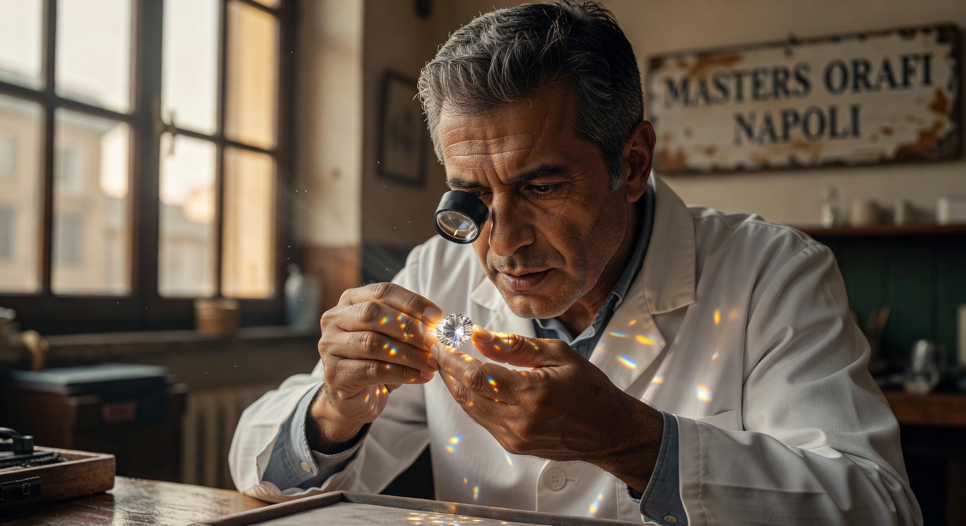 Close-up ultra-realistic 8K image of a master jeweler in Naples carefully examining a brilliant round diamond using a loupe, wearing a white lab coat, focused expression, soft natural lighting from studio windows, intricate detail on hands and gemstone