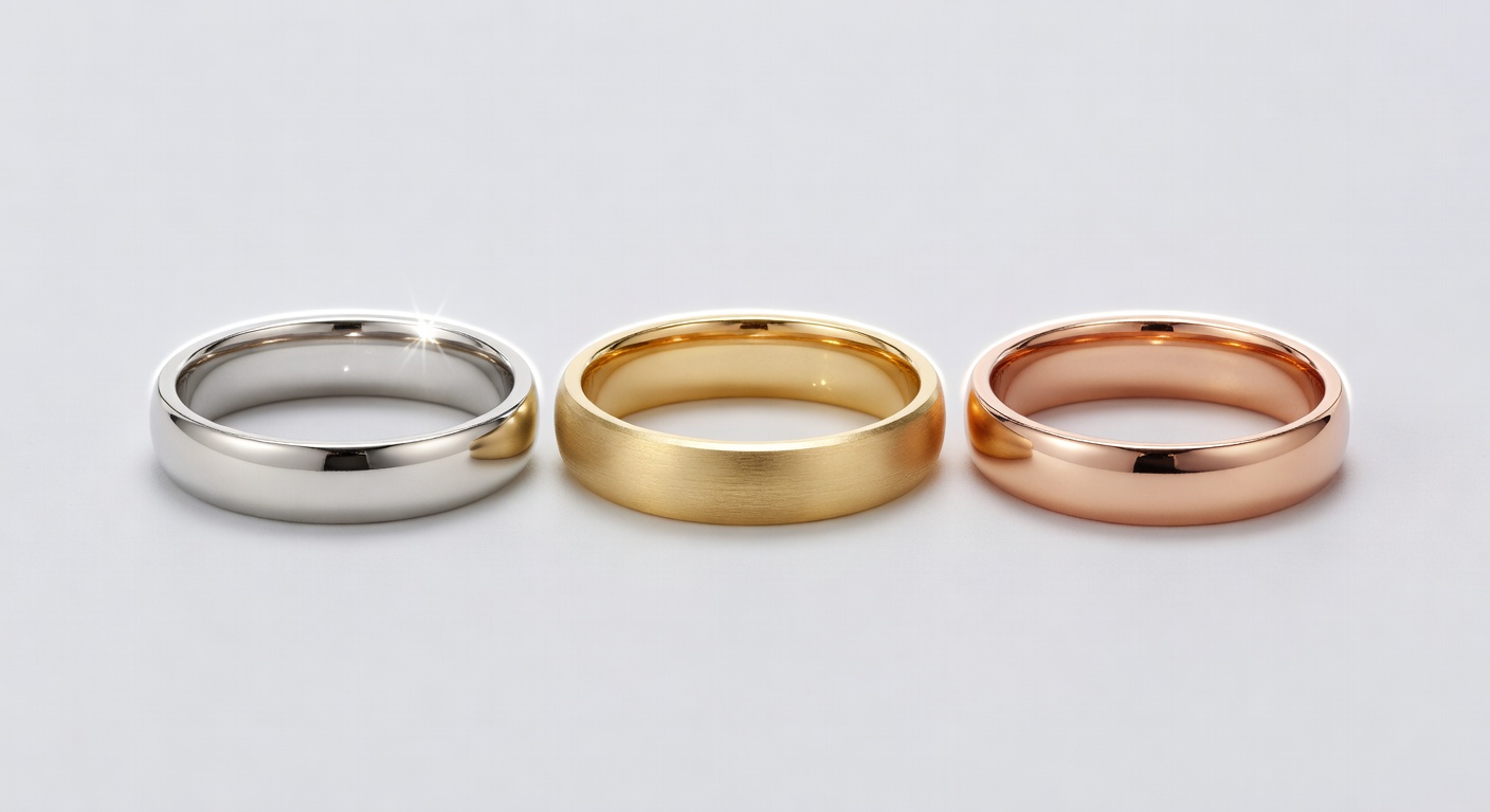 Professional studio shot of various engagement ring metals including platinum, yellow gold, and rose gold side by side showing different finishes, clean white background, 8K resolution