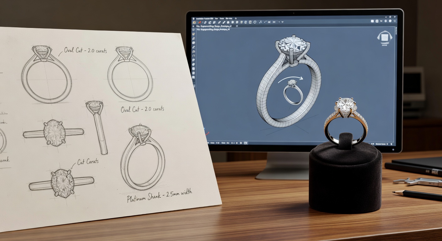 Ultra-realistic 8K render of a custom engagement ring design process showing hand-drawn pencil sketches, 3D CAD renderings on a computer screen, and the finished platinum ring with a stunning oval diamond, arranged artistically on a wooden desk