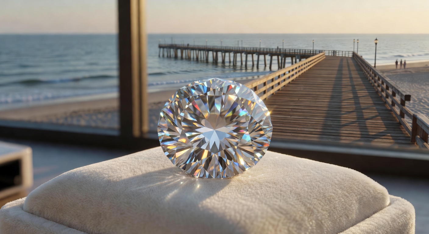 Ultra-realistic image of a lab-grown diamond under magnification showing perfect cut and sparkle with Naples pier visible through window in soft background