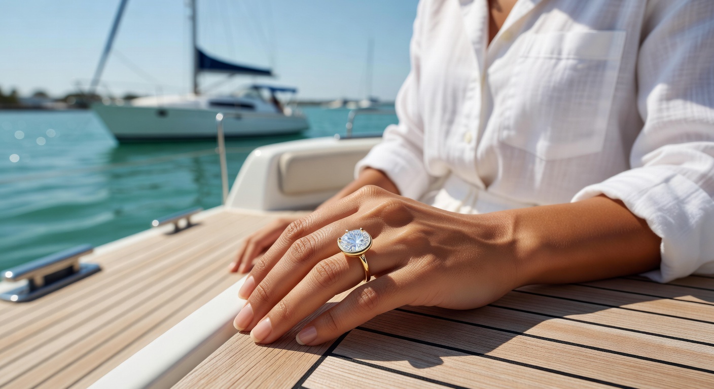 Elegant half-bezel set oval diamond engagement ring being worn during a day of sailing in Naples Bay, bright Florida sunshine, turquoise water background, lifestyle photography, 8K resolution
