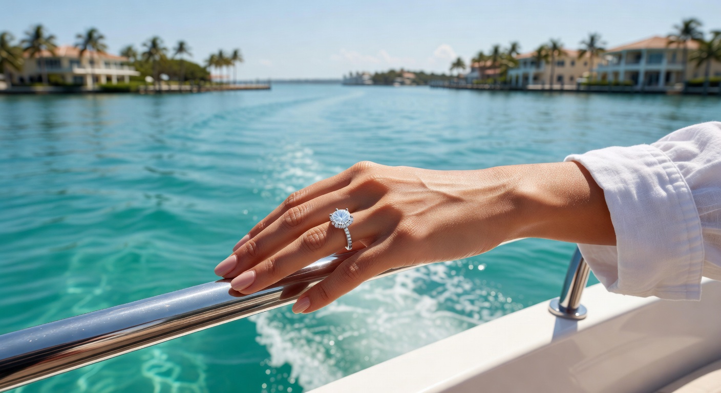 Elegant low profile solitaire engagement ring being worn during a boat ride in Naples Bay, woman holding railing, bright sunny day, turquoise water