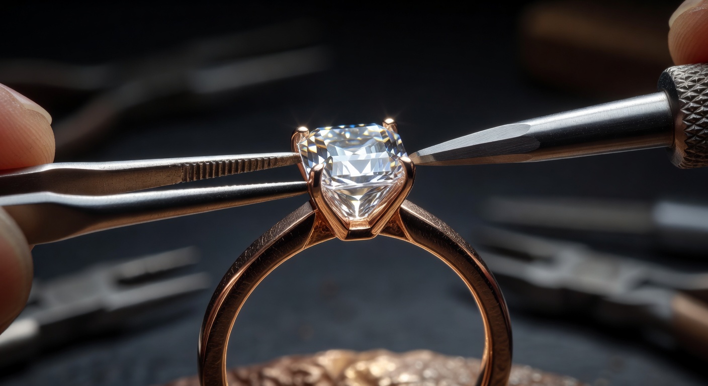 Extreme close-up ultra-realistic 8K image of a sparkling 2-carat emerald-cut diamond being set into a custom rose gold engagement ring, showing intricate prong work and metal texture details, dramatic lighting with reflections