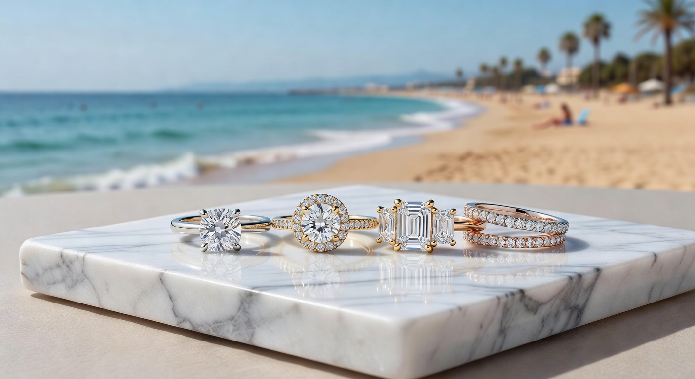 Ultra-realistic 8K photograph of various custom engagement ring styles displayed on a marble surface with Naples beach in soft focus background, including solitaire, halo, and three-stone designs in different gold tones