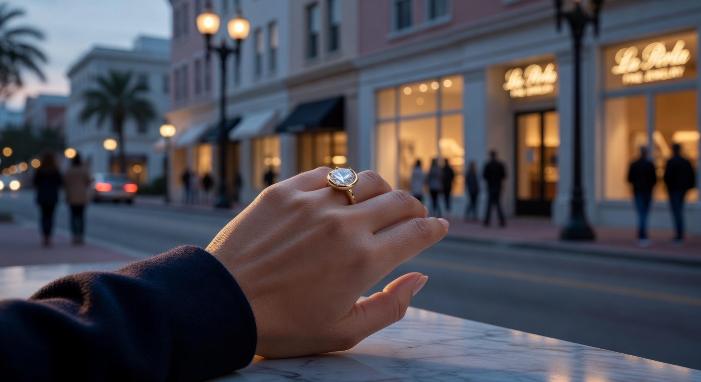 Beautiful custom bezel set engagement ring with diamond on a woman's hand against the backdrop of Fifth Avenue shops in Old Naples at dusk