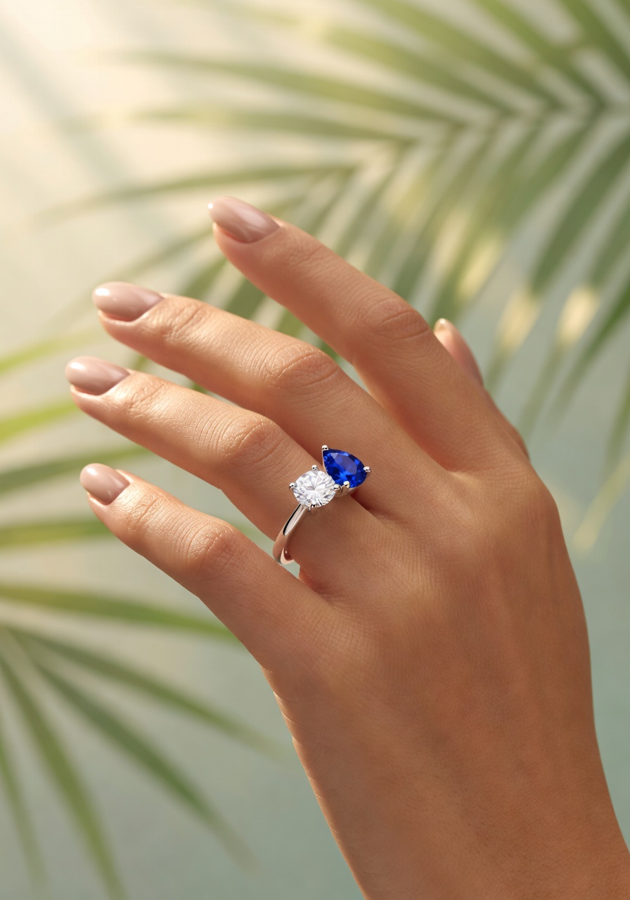 Ultra-realistic 8K image of a Toi et Moi custom engagement ring featuring a round diamond and pear-shaped sapphire set in platinum, styled on a woman's hand with elegant manicure against a light tropical background