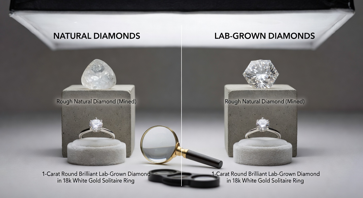 Comparison chart style image showing natural vs lab-grown diamonds under identical lighting conditions, professional jewelry photography, clean and informative