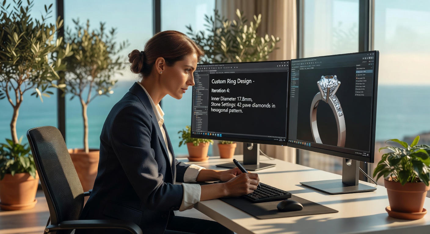 Professional ultra-realistic 8K studio photograph of a CAD designer working on a custom engagement ring design on dual monitors, showing intricate 3D model of a ring with geometric patterns, modern Naples studio setting