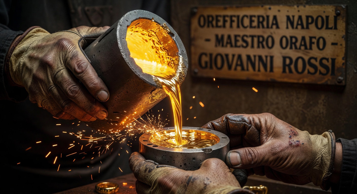 Ultra-realistic 8K close-up of molten gold being poured into a custom ring mold in a Naples jewelry workshop, dramatic lighting, sparks flying, capturing the intense craftsmanship process with high detail