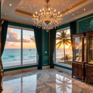 Ultra-realistic 8K photograph of elegant Naples Florida jewelry boutique interior with display cases filled with custom gold pieces, warm lighting, and ocean view in background, professional photography