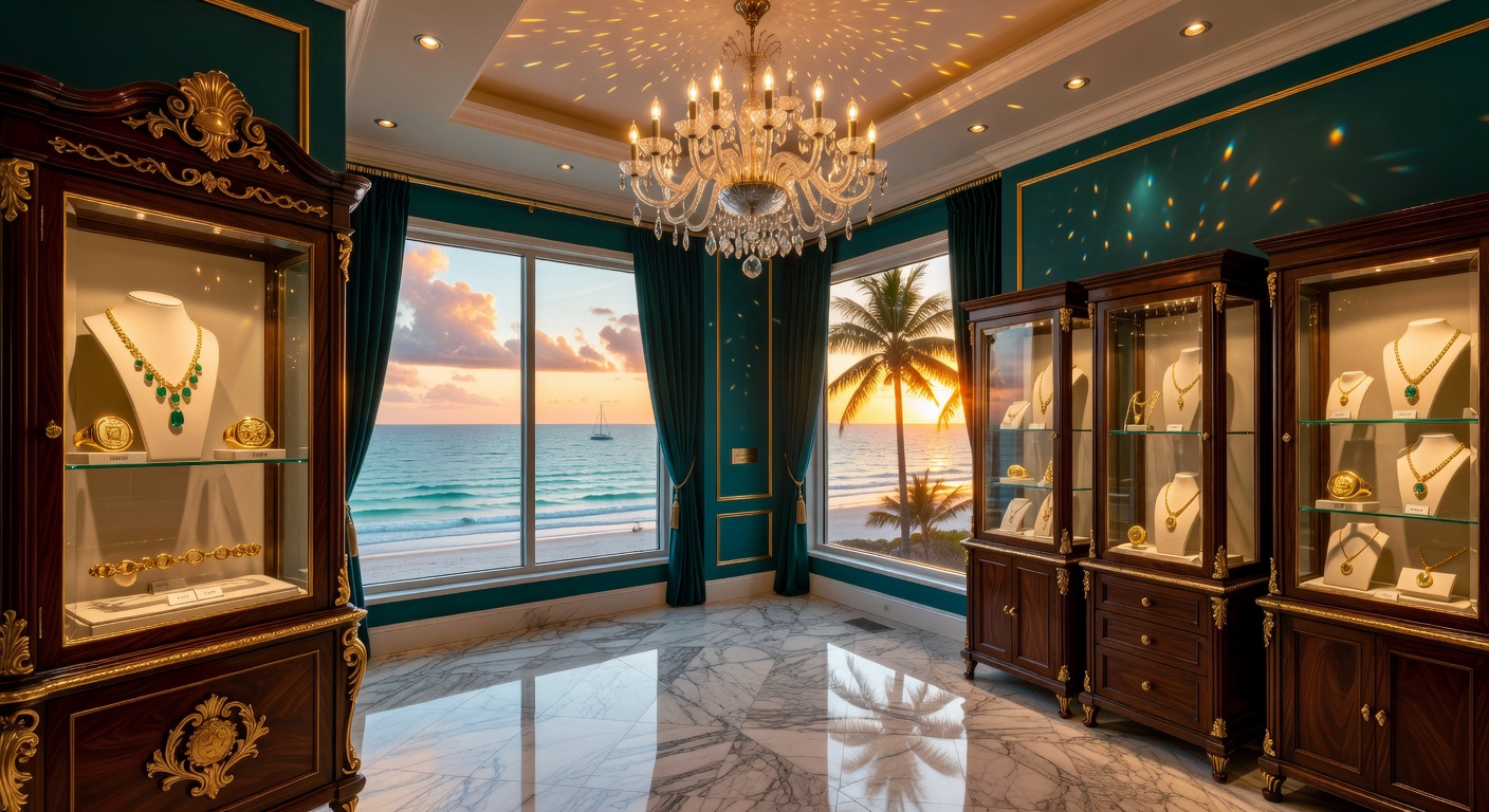 Ultra-realistic 8K photograph of elegant Naples Florida jewelry boutique interior with display cases filled with custom gold pieces, warm lighting, and ocean view in background, professional photography