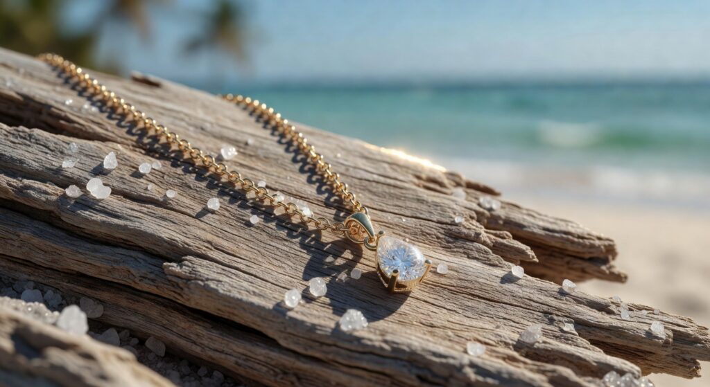 Ultra-realistic 8K close-up of elegant gold necklace with diamond pendant showing microscopic salt crystals on surface under bright Florida sunlight, jewelry care concept