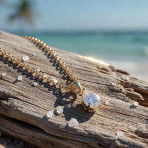 Ultra-realistic 8K close-up of elegant gold necklace with diamond pendant showing microscopic salt crystals on surface under bright Florida sunlight, jewelry care concept