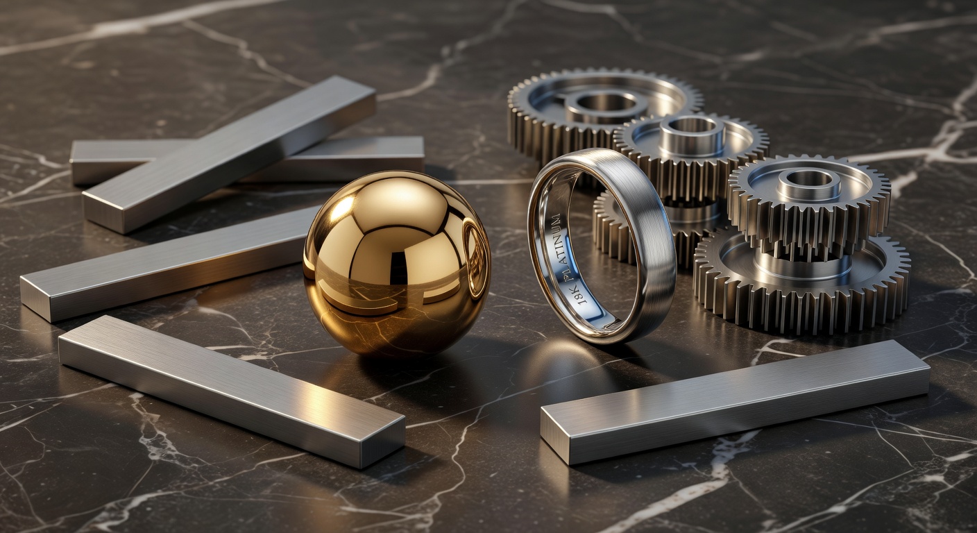 8K professional photograph of various metal samples including 18k gold, platinum, titanium and stainless steel arranged artistically on dark marble
