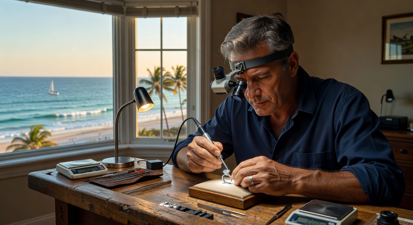 Florida jeweler using professional tools to inspect and clean diamond ring under magnification, focused workspace, realistic documentary style, 8K resolution