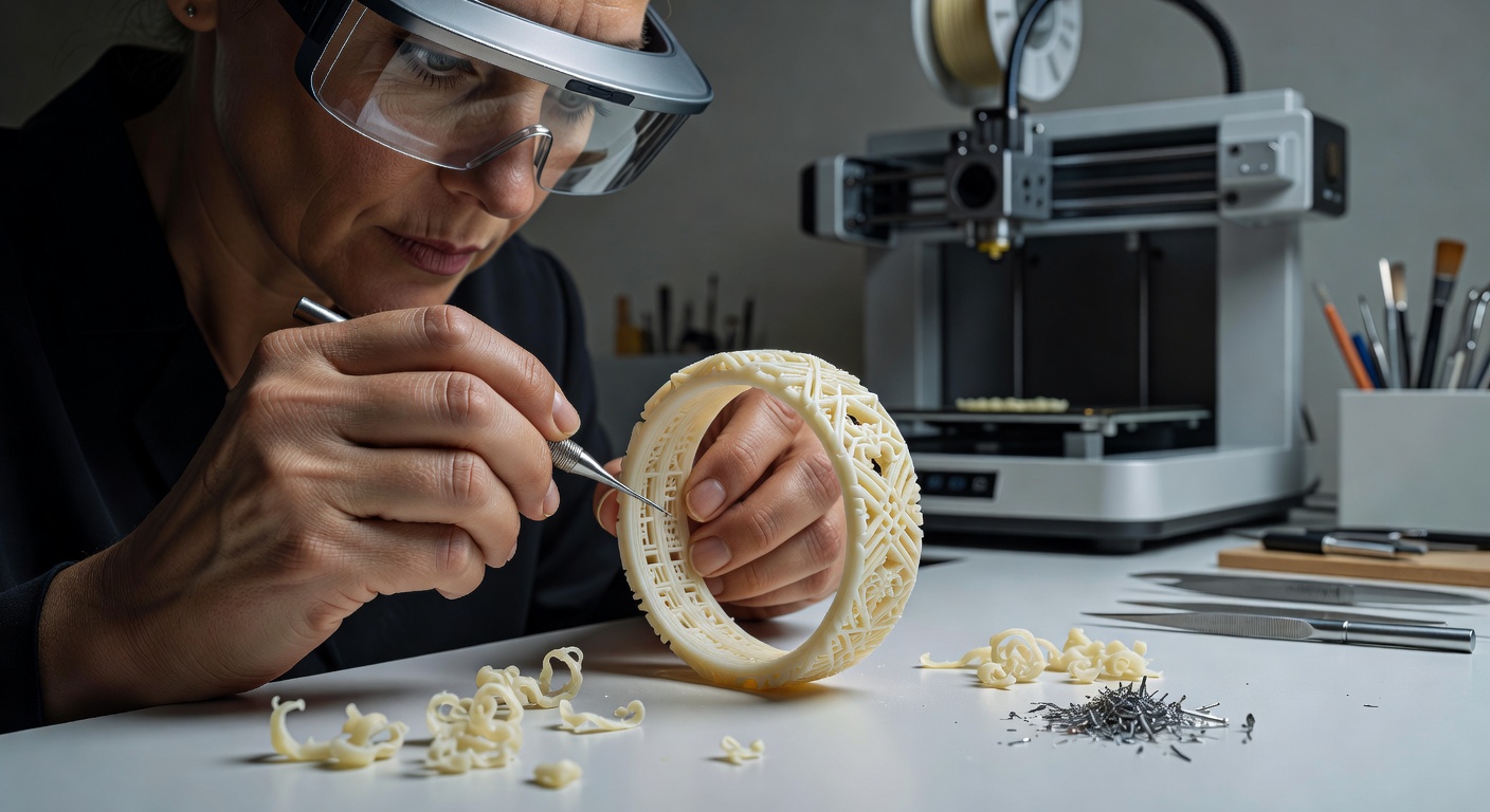 Ultra-realistic 8K image of a 3D printed jewelry wax model being refined by hand with jeweler's tools on a clean workbench