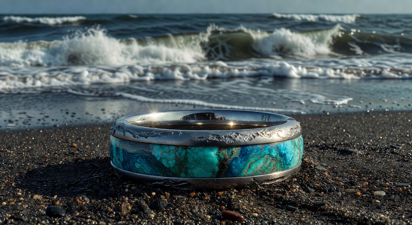 Dramatic 8K photograph of a custom titanium men's wedding band with inlaid turquoise, displayed on dark volcanic sand with soft waves behind