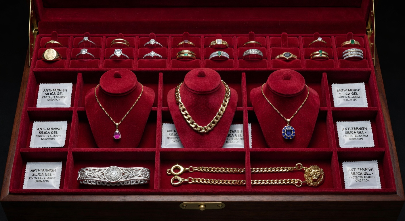 Collection of fine jewelry properly stored in individual compartments with anti-tarnish strips, organized luxury jewelry box interior, 8K product photography